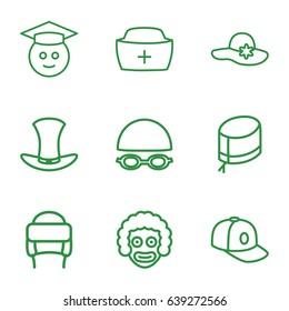 Hat icons set. set of 9 hat outline icons such as baseball cap, graduate emoji