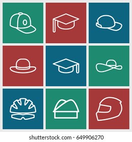 Hat icons set. set of 9 hat outline icons such as baseball cap