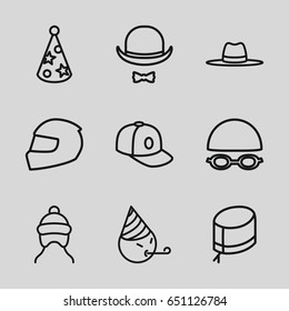 Hat icons set. set of 9 hat outline icons such as baby cap, baseball cap, helmet
