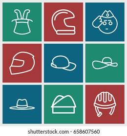 Hat icons set. set of 9 hat outline icons such as helmet, baseball cap