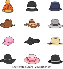 Conjunto de iconos de sombrero. Conjunto de dibujos animados de iconos de vector de sombrero para el diseño web