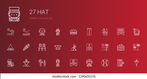 hat icons set. Collection of hat with baseball, magician, beach, pilot, father, scarecrow, professor, farmer hoeing, joker, painting, confetti. Editable and scalable hat icons.