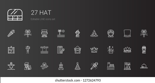 hat icons set. Collection of hat with beach, journalist, party hat, witch, pirate, professor, scarecrow, magician, crown, wizard, chef, painting. Editable and scalable hat icons.