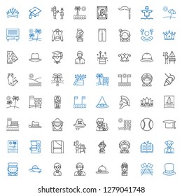 hat icons set. Collection of hat with beach, pilot, pamela, doorman, student, magician, clown, spellbook, food and restaurant, toga, coffee maker. Editable and scalable hat icons.