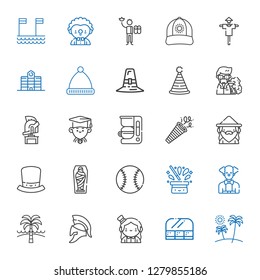 hat icons set. Collection of hat with beach, food and restaurant, magician, helmet, clown, baseball, mummy, wizard, confetti, coffee maker, graduate. Editable and scalable hat icons.