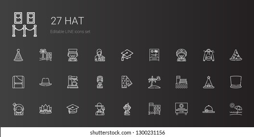 hat icons set. Collection of hat with beach, pilot, farmer, mortarboard, crown, magician, scarf, coffee maker, toga, graduation, pamela, top hat. Editable and scalable hat icons.