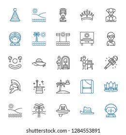 hat icons set. Collection of hat with clown, pirate, beach, crown, toga, magician, helmet, journalist, food and restaurant, russian banya, pamela. Editable and scalable hat icons.