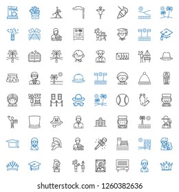 hat icons set. Collection of hat with crown, student, beach, painting, father, helmet, mortarboard, professor, journalist, farmer, magician, university. Editable and scalable hat icons.