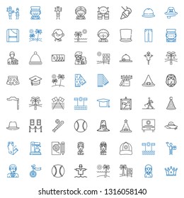 hat icons set. Collection of hat with crown, student, beach, scarecrow, baseball, unicycle, doorman, worker, cap, pilot, fashion, coffee maker. Editable and scalable hat icons.