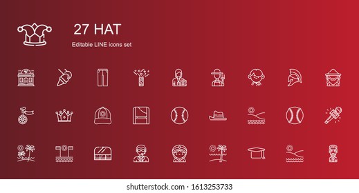 hat icons set. Collection of hat with mortarboard, beach, seer, doorman, food and restaurant, baseball, toga, cap, crown, unicycle, student, farmer. Editable and scalable hat icons.