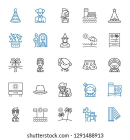 hat icons set. Collection of hat with scarf, food and restaurant, beach, pilot, magician, professor, pants, student, witch, russian banya, helmet. Editable and scalable hat icons.