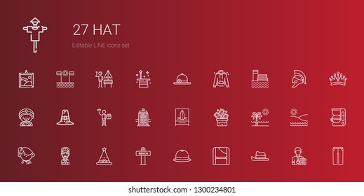 hat icons set. Collection of hat with toga, beach, captain, student, trick, police box, worker, pilgrim, magician, hoodie, pamela, trousers, journalist. Editable and scalable hat icons.