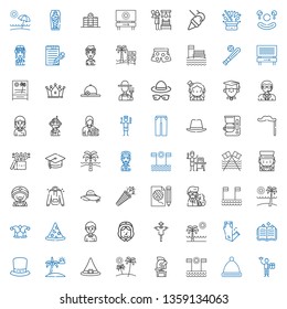 hat icons set. Collection of hat with worker, winter hat, beach, helmet, witch spellbook, trousers, scarecrow, pilgrim, student, wizard. Editable and scalable icons.