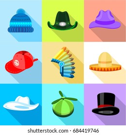 Hat icons set, flat style