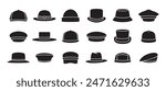 Hat icons set, includes fedora hat icon, Captain, vintage, men