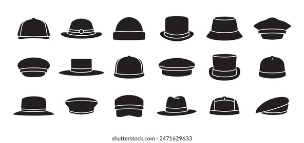 Hut Icons Set, beinhaltet Fedora Hut Icon, Captain, Vintage, Herren Bowler, Baseball Mütze, Sonnenblende, Baskenmütze, Cowboy, Eimer, Sommerhut. Icons Set von Hüten Vektorillustration auf transparentem Hintergrund. 