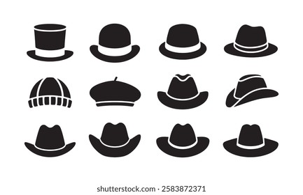 Hat icons set, includes fedora hat icon, Captain, vintage, men's bowler, baseball cap, sun visor, beret, cowboy, bucket, summer hat. Icons set of hats vector illustration on transparent background.