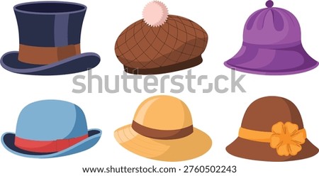 Hat icons set, top hat bowler cowboy and cloche fashion accessories vector illustration design