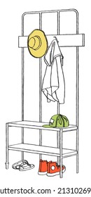 Sombrero, chaqueta, gorra de béisbol, zapatillas y zapatillas en el pasillo. Dibujo simple.