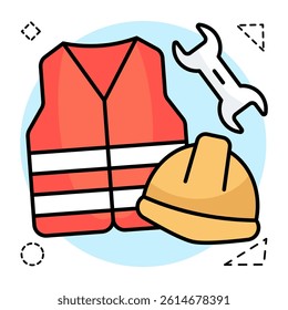 Hat with jacket and wrench, icon of labor accessories