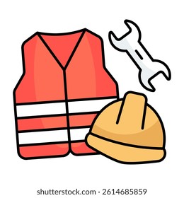 Hat with jacket and wrench, icon of labor accessories