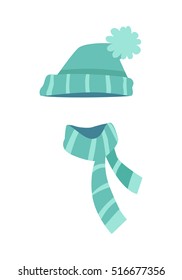 Hat. Knitted modern hat and twisted scarf with white stripes. Winter sport hat in triangle shape and scarf along. Two different endings of scarf. Flat design. White background. Vector illustration.