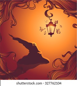 Hat with a lantern halloween poster background card. Vector 