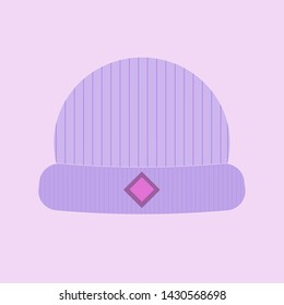 Hat with lapel and label vector colored icon. Flat style illustration of female winter headgear on neutral background. Isolated design element for websites and mobile apps.