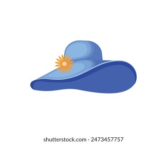 Hat. A large women s hat with a brim. A blue lady s hat with a flower. Vector illustration isolated on a white background.