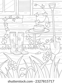 The hat lies on a bench near the country house. Shovel, rubber boots. Coloring book for adults.