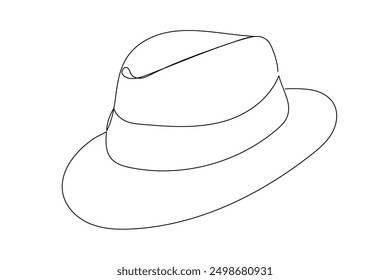 Hat Line Art. Abstract Hat Silhouette Outline Doodle Contour Hand Drawn Illustration. Fedora Hat Curve Line Symbol Icon. Editable Thin vector Stroke. Continuous Line Sketch Line Art Vintage Old Fedora