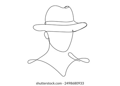 Hat Line Art. Abstract Hat Silhouette Outline Doodle Contour Hand Drawn Illustration. Fedora Hat Curve Line Symbol Icon. Editable Thin vector Stroke. Continuous Line Sketch Line Art Vintage Old Fedora