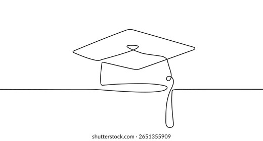 Hat line cap study college education continuous icon illustration university student. Cap school hat one outline vector hand linear book certificate graduate silhouette academy tassel degree grad day.