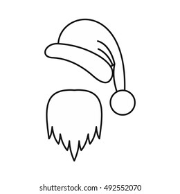Hat and long beard of Santa Claus icon in outline style isolated on white background. New year symbol vector illustration