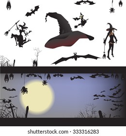 hat magic magician witch broom Halloween witch vector silhouettes, background, pumpkin trees grave spiders, bats halloween set, vector illustration hanging upside down and in flight, to print labels 