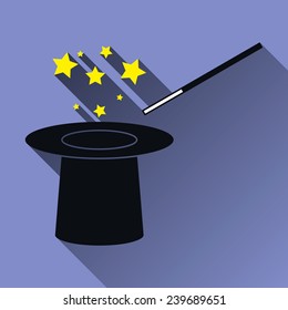 Hat and Magic Wand and Stars Icon, Long Shadow, Vector Illustration