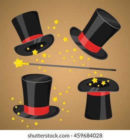 Hat and magic wand. Vector magic accessory for wizard illusionist show trick. Black magician cylinder hat with sparkling stick isolated set. Supply for mystery performance illustration
