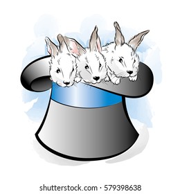 Hat of the magician with three rabbits. Vector illustration