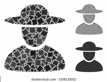 Hat man composition of raggy pieces in various sizes and color hues, based on hat man icon. Vector irregular pieces are grouped into collage. Hat man icons collage with dotted pattern.