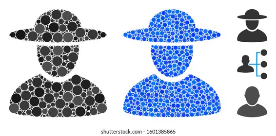 Hat man mosaic of filled circles in various sizes and color tints, based on hat man icon. Vector filled circles are combined into blue collage. Dotted hat man icon in usual and blue versions.