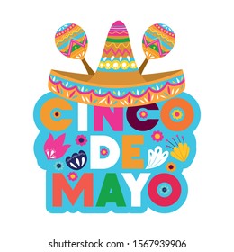 Hat and maracas design, Cinco de mayo mexico culture tourism landmark latin and party theme Vector illustration