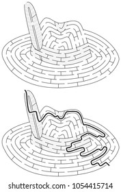Hat maze for kids with a solution in black and white
