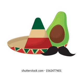 hat mexican with avocado and moustache vector illustration design