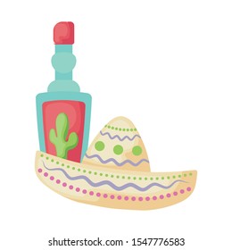 hat mexican with bottle tequila isolated icon vector illustration design