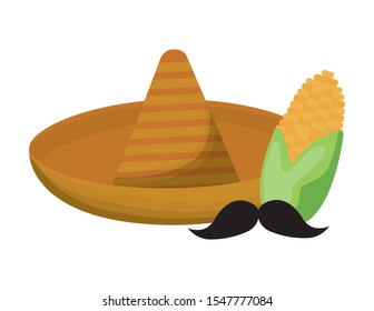 hat mexican with cob corn and moustache vector illustration design