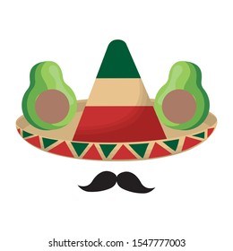 hat mexican with moustache and avocados vector illustration design