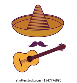 hat mexican with moustache and guitar vector illustration design