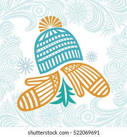 Hat, Mittens And Beautiful Winter Background. Vector Illustration.