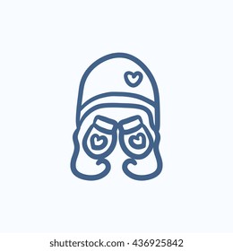 Sombrero y mitones para niños icono de boceto vectorial aislado en el fondo. Icono de Sombrero dibujado a mano y mitones para niños. Sombrero y mitones para niños dibujan un icono para infografía, sitio web o aplicación.