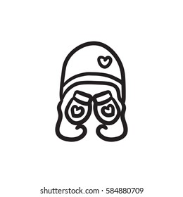 Sombrero y mitones para niños icono de boceto vectorial aislado en el fondo. Icono de Sombrero dibujado a mano y mitones para niños. Sombrero y mitones para niños dibujan un icono para infografía, sitio web o aplicación.